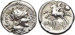 ROMAN REPUBLIC M. Sergius Silus, AR denier, 116-115 av. J.-C., Rome. D/ ROMA - EX·S·C T. casquée de Roma à d. Derrière, . R/ Q/ M·SERGI/ SILVS Cavalier à g., ten. un glaive et une tête coupée. Cr. 28