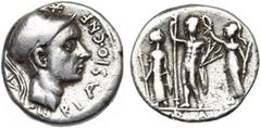 ROMAN REPUBLIC Cn. Cornelius Blasio, AR denier, 112 ou 111 av. J.-C., Rome. D/ CN. BLASIO· CN F T. casquée de Mars à d. Au-dessus, . Derrière, une étoile. R/ Jupiter ten. un long sceptre et le foudre