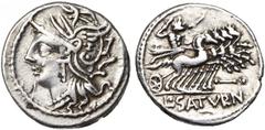 ROMAN REPUBLIC L. Appuleius Saturninus, AR denier, 104 av. J.-C., Rome. D/ T. casquée de Roma à g. R/ L·SATVRN Saturne conduisant un quadrige à d., ten. les rênes et une harpa. En dessous, I couché av