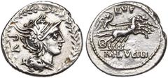 ROMAN REPUBLIC M. Lucilius Rufus, AR denier, 101 av. J.-C., Rome. D/ T. casquée de Roma à d. Derrière, PV. Le tout dans une couronne de laurier. R/ Victoire conduisant un bige à d. Au-dessus, RVF. A l