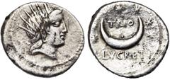 ROMAN REPUBLIC L. Lucretius Trio, AR denier, 76 av. J.-C., Rome. D/ T. r. de Sol à d. R/ Croissant entouré de sept étoiles. Au-dessus, TRIO. En dessous, L·LVCRETI. Cr. 390/1; Syd. 783. 3,56g. Beau Fin