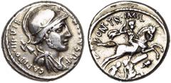 ROMAN REPUBLIC P. Fonteius Capito, AR denier, 55 av. J.-C., Rome. D/ P· FONTEIVS· P·F·- CAPITO· III·VIR B. casqué, dr. de Mars à d., un trophée sur l''épaule. R/ MV· FONT TR- MIL Cavalier au galop à d