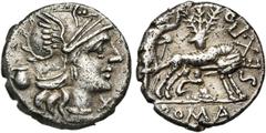 ROMAN REPUBLIC Sex. Pompeius Fostulus, AR denier, 137 av. J.-C., Rome. D/ T. casquée de Roma à d. Sous le menton, . Derrière la t., un vase. R/ SEX·POM-FOSTLVS/ ROMA La louve à d., allaitant les jume