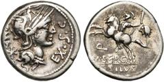 ROMAN REPUBLIC M. Sergius Silus, AR denier, 116-115 av. J.-C., Rome. D/ ROMA - EX·S·C T. casquée de Roma à d. Derrière, . R/ Q/ M·SERGI/ SILVS Cavalier à g., ten. un glaive et une tête coupée. Cr. 28