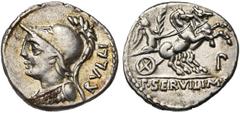 ROMAN REPUBLIC P. Servilius Rullus, AR denier, 100 av. J.-C., Rome. D/ RVLLI B. casqué, cuir. de Minerve à g. R/ P· SERVILI· M·F Victoire conduisant un bige à d., ten. les rênes et une palme. Dans le 