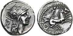 ROMAN REPUBLIC D. Iunius Silanus, AR denier, 91 av. J.-C., Rome. D/ T. casquée de Roma à d. A g., R. R/ Victoire conduisant un bige au galop à d. Au-dessus, XXIIII. A l''ex., D· SILANVS· L·F·/ ROMA. C