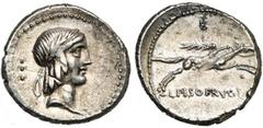 ROMAN REPUBLIC L. Piso Frugi, AR denier, 90 av. J.-C., Rome. D/ T. l. d''Apollon à d. Derrière la t., trois points. R/ Cavalier ten. une palme, au galop à d. Au-dessus, E. En dessous, L PISO FRVG. Cr.