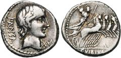 ROMAN REPUBLIC C. Vibius Pansa, AR denier, 90 av. J.-C., Rome. D/ T. l. d''Apollon à d. Derrière, PANSA. Sous le menton, XVI. R/ C·VIBIVS·C·F Minerve conduisant un quadrige à d., ten. une lance et les