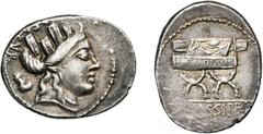 ROMAN REPUBLIC P. Fourius Crassipes, AR denier, 84 av. J.-C., Rome. D/ T. tourelée de Cybèle à d. Derrière, de haut en bas, AED CVR. et un pied déformé. R/ Chaise curule portant l''inscription P·FOVRI