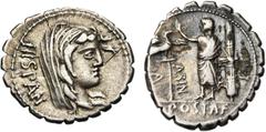 ROMAN REPUBLIC A. Postumius Albinus, AR denier serratus, 81 av. J.-C., Rome. D/ T. voilée d''Hispania à d. Derrière, HISPAN. R/ A·/ POST·A·F·/ S·N·/ ALBIN Personnage en toge, la main d. levée, deb. en