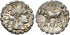 ROMAN REPUBLIC C. Marius Capito, AR denier serratus, 81 av. J.-C., Rome. D/ CAPIT· CXXXVIII B. dr. de Cérès à d., cour. d''épis. Sous le menton, une sandale. R/ Un laboureur conduisant une charrue att