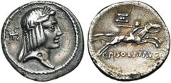 ROMAN REPUBLIC C. Piso Frugi, AR denier, 67 av. J.-C., Rome. D/ T. l. d''Apollon à d. Derrière la tête, . R/ Cavalier au galop à g., ten. une palme. Au-dessus, Ξ. En dessous, C· PISO· L·F· FRVGI. Cr.