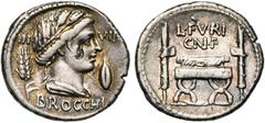 ROMAN REPUBLIC L. Furius Brocchus, AR denier, 63 av. J.-C., Rome. D/ III-VIR/ BROCCHI T. de Cérès à d., cour. d''épis de blé. Dans le champ, épi et grain d''orge. R/ L·FVRI/ CN·F Chaise curule entre d