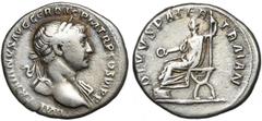 ROMAN EMPIRE TRAJAN (98-117), AR denier, 112-117, Rome. D/ IMP TRAIANVS AVG GER DAC P M TR P COS VI PP B. l. à d., l''épaule g. dr. R/ DIVVS PATER TRAIAN Trajan senior assis à g. sur une chaise curule