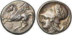 GREEK WORLD CORINTHE, AR statère, 386-307 av. J.-C. D/ Pégase en vol à g. Dessous, . R/ T. casquée d''Athéna à g., le casque orné d''une couronne de laurier. Sous le cou, A-P. Derrière la t., charrue