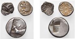 GREEK WORLD lot de 3 fractions: Attique, Athènes, obole, T. d''Athéna/Chouette; Ionie, Milet, 1/12 statère, T. de lion/Ornement floral (SUP); Bithynie, Kalchedon, hémisicle, Taureau à g./Carré creux q