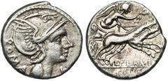 ROMAN REPUBLIC L. Flaminius Chilo, AR denier, 109-108 av. J.-C., Rome. D/ ROMA T. casquée de Roma à d. Sous le menton, . R/ L·FLAMINI/ CILO Victoire conduisant un bige à d., ten. les rênes et une cou
