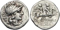 ROMAN REPUBLIC Q. Marcius Libo, AR denier, 148 av. J.-C., Rome. D/ T. casquée de Roma à d. Derrière, LIBO. Sous le menton, . R/ Q·MARC/ ROMA Les Dioscures au galop à d. Cr. 215/1; Syd. 395. 3,42g. pr