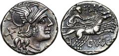 ROMAN REPUBLIC C. Valerius Flaccus, AR denier, 140 av. J.-C., Rome. D/ T. casquée de Roma à d. Derrière, . R/ FLAC/ C·VA·C·F/ ROMA Victoire ten. les rênes et un fouet, conduisant un bige à d. Cr. 228