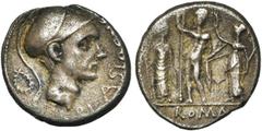 ROMAN REPUBLIC Cn. Cornelius Blasio, AR denier, 112 ou 111 av. J.-C., Rome. D/ CN BLASIO CN F T. casquée de Mars à d. Au-dessus, . Derrière, couronne. R/ Jupiter ten. un long sceptre et le foudre, de
