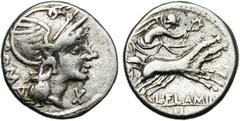 ROMAN REPUBLIC L. Flaminius Chilo, AR denier, 109-108 av. J.-C., Rome. D/ ROMA T. casquée de Roma à d. Sous le menton, . R/ L·FLAMINI/ CILO Victoire conduisant un bige à d., ten. les rênes et une cou