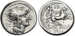 ROMAN REPUBLIC D. Iunius Silanus, AR denier, 91 av. J.-C., Rome. D/ T. casquée de Roma à d. A g., K. R/ D· SILANVS· L·F·/ ROMA Victoire conduisant un bige au galop à d. Au-dessus, XIII. Cr. 337/3; Syd