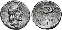 ROMAN REPUBLIC L. Piso Frugi, AR denier, 90 av. J.-C., Rome. D/ T. l. d''Apollon à d. Derrière, trident. Sous le menton, R. R/ Cavalier galopant à d., ten. une palme. Au-dessus, marteau. En dessous, L