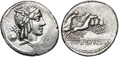 ROMAN REPUBLIC L. Iulius Bursio, AR denier, 85 av. J.-C., Rome. D/ B. masc. à d., avec les attributs d''Apollon, Mercure et Neptune. Derrière, bouclier. R/ L· IVLI· BVRSIO Victoire conduisant un quadr