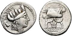 ROMAN REPUBLIC P. Fourius Crassipes, AR denier, 84 av. J.-C., Rome. D/ T. tourelée de Cybèle à d. Derrière, de haut en bas, AED CVR. et un pied déformé. R/ Chaise curule portant l''inscription P·FOVRI