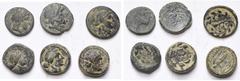 Monde grec - Greek World lot de 6 petits bronzes: Colophon, T. d''Apollon/Protome de cheval; Pergame, T. d''Asclépios/Bâton d''Asclépios; Sardes, T. d''Apollon/Massue (3); royaume séleucide, Antiochos