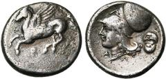 Monde grec - Greek World CORINTHE, AR statère, 386-307 av. J.-C. D/ Pégase en vol à g. Dessous, . R/ T. casquée d''Athéna à g. A la pointe du cou, A-Λ. Derrière la nuque, masque de Silène. Ravel 1046