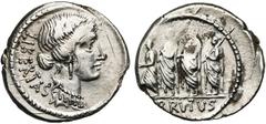 République romaine - Roman Republic M. Iunius Brutus Q. Caepio, AR denier, 54 av. J.-C., Rome. D/ LIBERTAS T. de Libertas à d., parée de boucles d''oreilles et d''un collier. R/ BRVTVS Le consul L. Iu