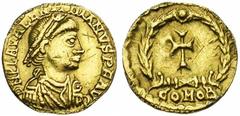 VALENTINIEN III (425-455), AV tremissis, Rome ou Ravenne. Droit : DN PLA VALENTINIANVS PF AVG B. diad., drapé, cuirassé à droite. Revers : Croix dans une couronne. Sur la base, IIXII. A l'exergue, COM