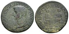 HISPANIA ANTIGUA. CAESARAUGUSTA. Tiberio. Dupondio. A/ Cabeza laureada a izq.; (TI) CAESAR DIVI DIVI AVGVSTI F AVGVSTVS. R/ Nero y Druso sentados afrontados; DRVSVS CAESAR NERO CAE(SAR), debajo (C C A