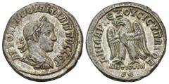IMPERIO ROMANO. FILIPO II. Tetradracma. Antioquía (249). A/ Busto laureado, drapeado y acorazado a der. R/ Águila a izq. sobre palma y con corona en el pico, debajo ANTIOXIA/SC. AR 12,66 g. 26,2 mm. R