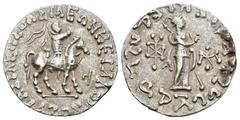 INDO-ESCITAS. Tetradracma. A/ El rey a caballo a der.; ley. griega. R/ Palas a der., delante y detrás monograma, alr. Ley. AR 9,65 g. 23,9 mm. Leveso oxidaciones. MBC+.
