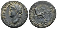 NERÓN. Dupondio. Lugdunum (62-68 d.C.). A/ Cabeza laureada a izq.; IMP NERO CAESAR AVG P MAX TR P P P. R/ Securitas sentada a der.; SECVRITAS AVGVSTI, exergo SC. AE 13,92 g. 29,2 mm. RIC-519. Pátina o