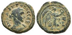 PROBO. Tetradracma. Alejandría (277-280). A/ Busto laureado y acorazado a der. R/ Victoria con corona y palma avanzando a der., delante E/L (año 5). AR 6,76 g. 19,6 mm. Dattari-5540. BC+.