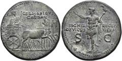 IMPERIO ROMANO. GERMÁNICO (bajo Calídula). Dupondio. Roma (37-41 d.C.). A/ Germánico conduciendo cuadriga a der.; GERMANICVS CAESAR. R/ Germánico en traje miliar AE 12,29 g. 28,9 mm. RIC-57. Erosión e