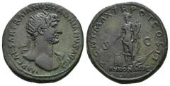 IMPERIO ROMANO. ADRIANO. Dupondio. Roma (118). A/ Busto radiado y drapeado al hombro a der.; IMP CAESAR TRAIANVS HADRIANVS AVG. R/ Annona a izq. con espigas y cornucopia, a sus pies modio; PONT MAX TR