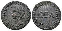 HISPANIA ANTIGUA. CAESARAUGUSTA. Calígula. Dupondio. A/ Cabeza laureada a izq.; G CAESAR AVG GERMANICVS IMP. R/ C C A, alrededor LICINIANO ET GERMANO II VIR. AE 11,83 g. 28 mm. RPC-370. APRH-370. ACIP