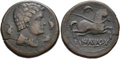 ANCIENT HISPANIA ANCIENT HISPANIA. ILTIRTA. Semis. Male head with mantle and fibula right, around three dolphins. Rev. Horse galloping with loose rein right, above crescent, below ILTiRTa over the lin