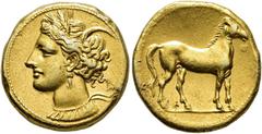 ANCIENT GREECE ANCIENT GREECE. CARTHAGO. Electrum stater (3rd century BC). Head of Tanit with grain ear crown and necklace left. Rev. Standing horse right. EL 7,32 g. 18.9 mm. Jenkins&Lewis-group 6; C