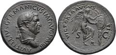 ROMAN EMPIRE ROMAN EMPIRE. VITELLIUS. Sestertius. Rome (69 AD). Laureate and draped bust right; A VITELLIVS GERMANICVS IMP AVG P M TR P. Rev. Victoria right, stepping on shield and inscribing OB/CIVES