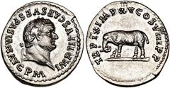ROMAN EMPIRE ROMAN EMPIRE. TITUS. Denarius. Rome (80 AD). Laureate head right; IMP TITVS CAES VESPASIAN AVG P M. Rev. cuirassed elephant advancing left; TR P IX IMP XV COS VIII P P. AR 3,33 g. 19,1 mm