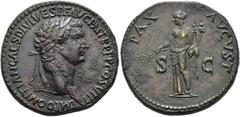 ROMAN EMPIRE ROMAN EMPIRE. DOMITIAN. Sestertius. Thrace? (82 AD). Laureate head right. IMP DOMITIAN CAES DIVI VESP F AVG P M TR P P P COS VIII. Rev. Pax with branch and cornucopia left; PAX AVGVST, S-