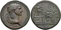ROMAN EMPIRE ROMAN EMPIRE. TRAJAN. Sestertius. Rome (114-117). Laureate and draped bust right; IMP CAES NER TRAIANO OPTIMO AVG GER DAC P M TR P COS VI P P. Rev. Trajan seated right on a platform with 