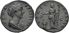 ROMAN EMPIRE ROMAN EMPIRE. FAUSTINA THE ELDER. Sestertius. Rome (141). Draped bust right; DIVA FAVSTINA. Rev. Vesta with torch and patera left, making sacrifice on altar; CONSECRATIO, S-C. AE 21.64 g.