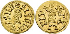 VISIGOTHIC KINGDOM VISIGOTHIC KINGDOM. SISEBUT. Tremissis. Ispali. *SISEBVTVSRE. Rev. ISPALIPIVS. AU 1.52 g. 19 mm. CNV-219.20. Burr on reverse. Original luster. EF. / REINO VISIGODO. SISEBUTO. Tremis