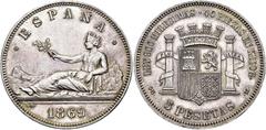 PESETA SYSTEM PROVISIONAL GOVERNMENT. 5 pesetas. 1869*18-69. Madrid. SNM. AR 25.04 g. 37.03 mm. VII-21; AC-38. Original luster. EF+. Very rare. / GOBIERNO PROVISIONAL. 5 pesetas. 1869*18-69. Madrid. S